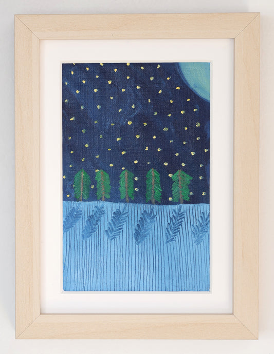 _pine_trees_at_night - oil paint on paper, 9.2 cm x 14.2 cm